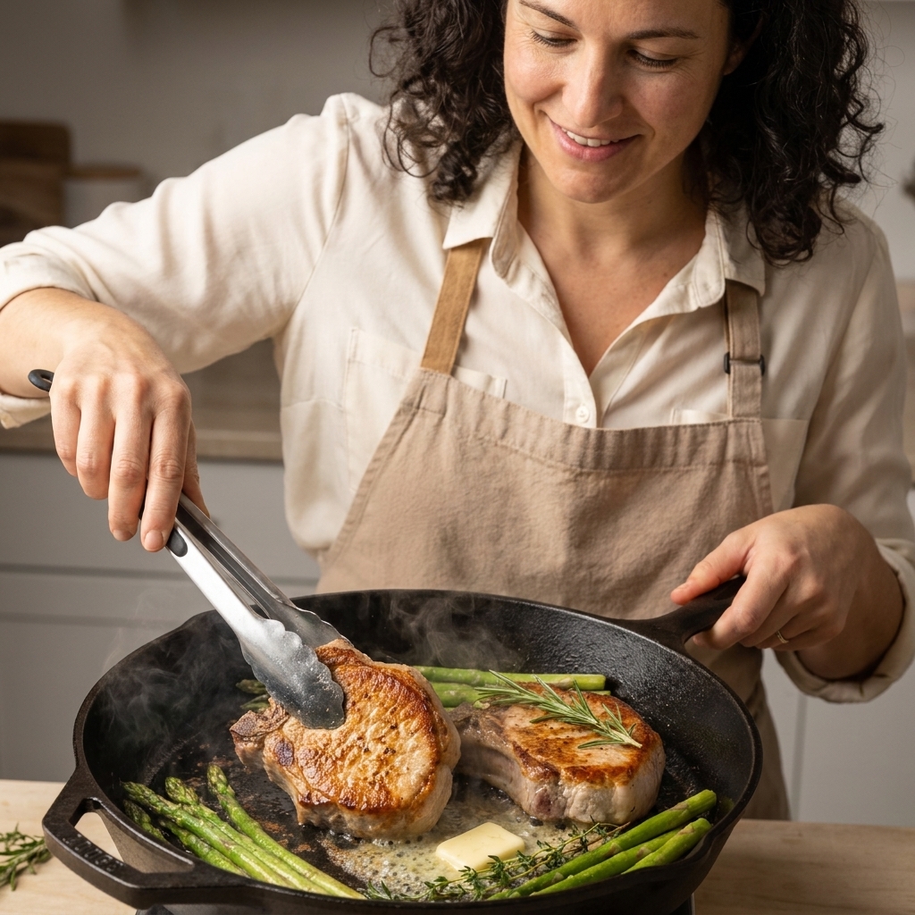 Juicy Skillet Pork Chops with Built-In Veggie Sides