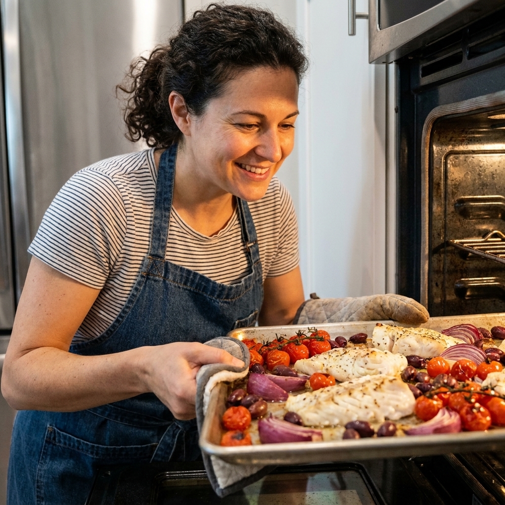 White fish fillets roasting with cherry tomatoes, red onion, and Kalamata olives on a sheet pan